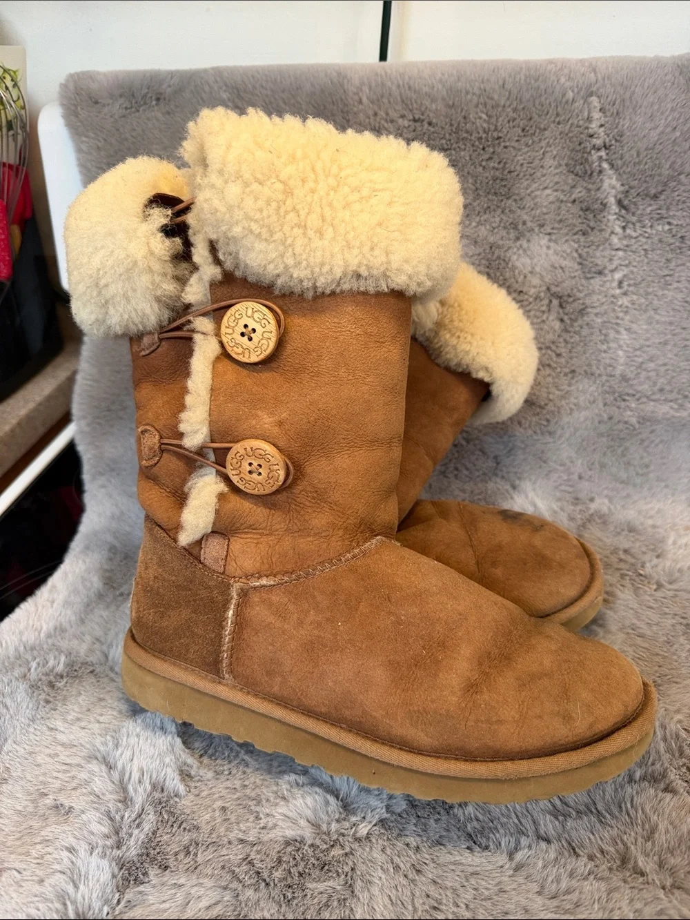 UGG Chestnut Suede Button Shearling Mid-Calf Boots